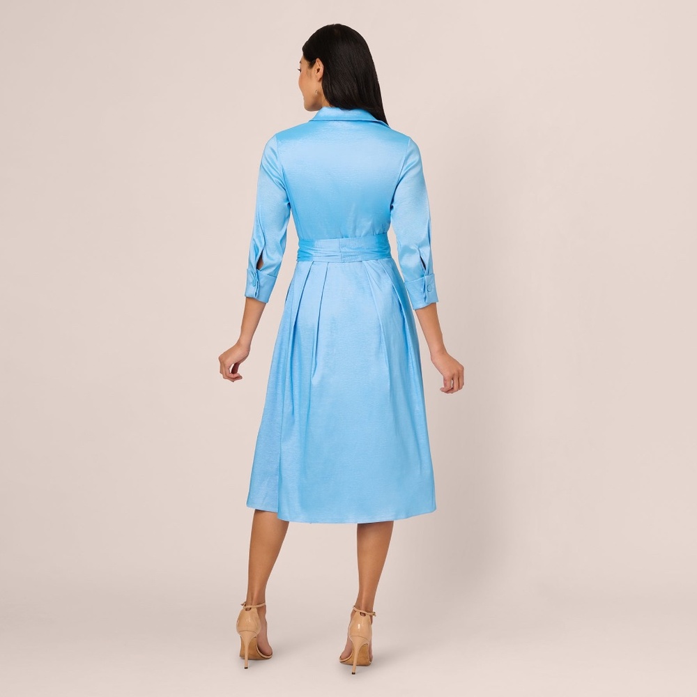 ADRIANNA PAPELL Three Quarter Sleeve Taffeta Midi Shirt Dress In Bluebell - Picture 2 of 6
